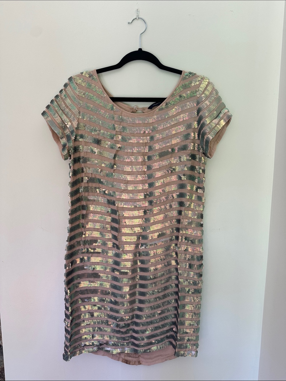 French Connection Pink Sequin Striped Midi Dress